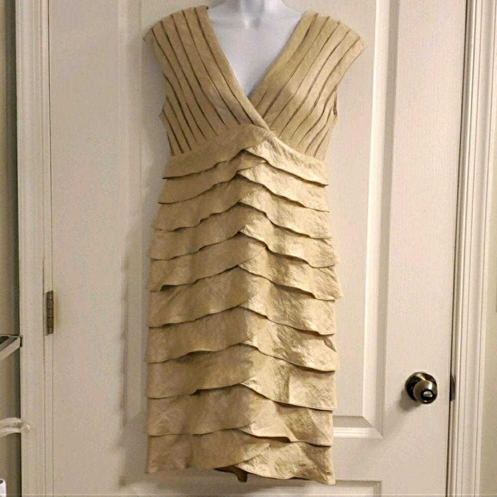 Adrianna Papell Champagne Gold Tiered Ruffle Cocktail Dress 10 NWOT